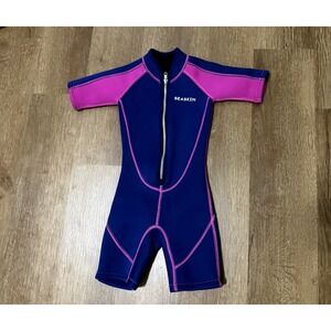 Seaskin 2mm Kids Front Zipper Shorty Diving Suit Navy/Pink Wetsuit Size 2